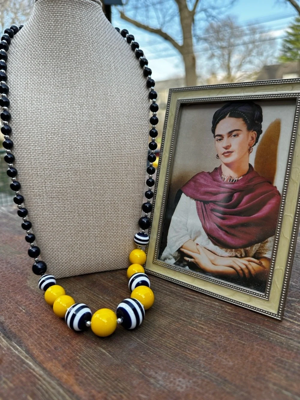 Bold Yellow and Navy Beaded Necklace - Picture 2 of 5